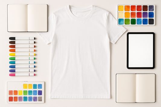 A neatly arranged top-down shot of a blank t-shirt, fabric markers, sketchbooks, color palettes, or digital tablets.