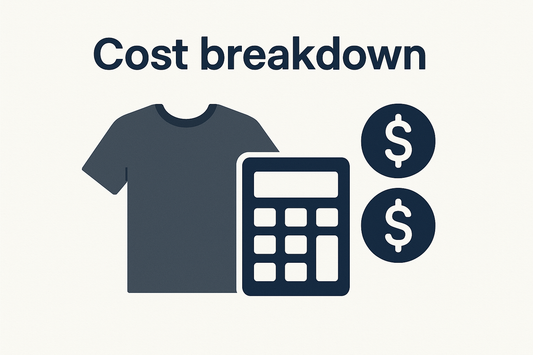 A simple T-shirt graphic beside a calculator or dollar sign, symbolizing cost analysis with a header "Cost breakdown"
