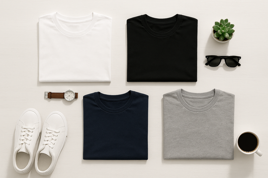 3–5 t-shirts on a clean surface with subtle props, giving it a lifestyle vibe.