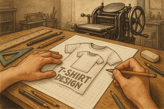 Someone designing with hands drawing and sketching, with printing press in background).