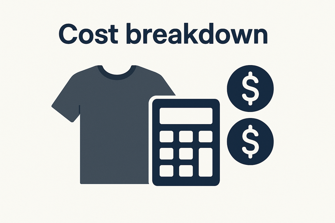 A simple T-shirt graphic beside a calculator or dollar sign, symbolizing cost analysis with a header "Cost breakdown"