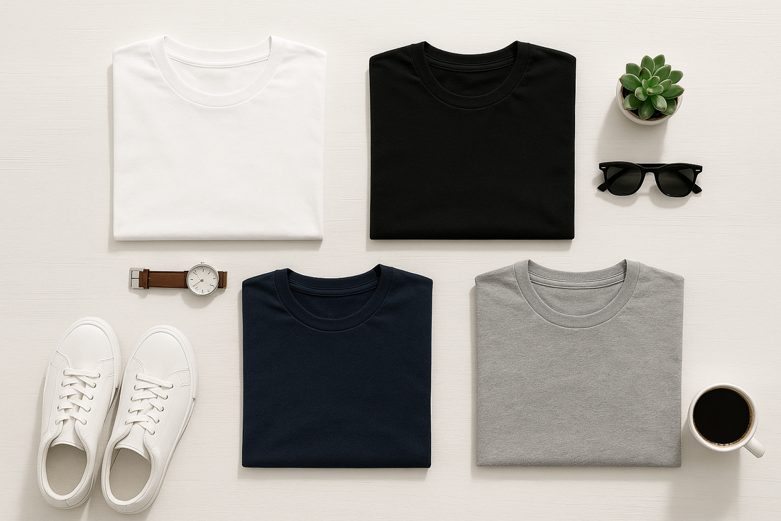 3–5 t-shirts on a clean surface with subtle props, giving it a lifestyle vibe.